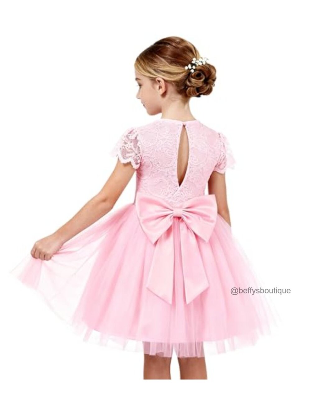 Kids Flower Girl Lace Tulle Princess Dress with Detachable Bow